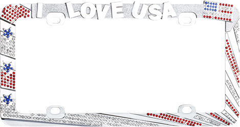 "I LOVE USA" Chrome Metal License Plate Frame with Red, Blue and Clear Crystals "I LOVE USA" Chrome Metal License Plate Frame with Red, Blue and Clear Crystals
